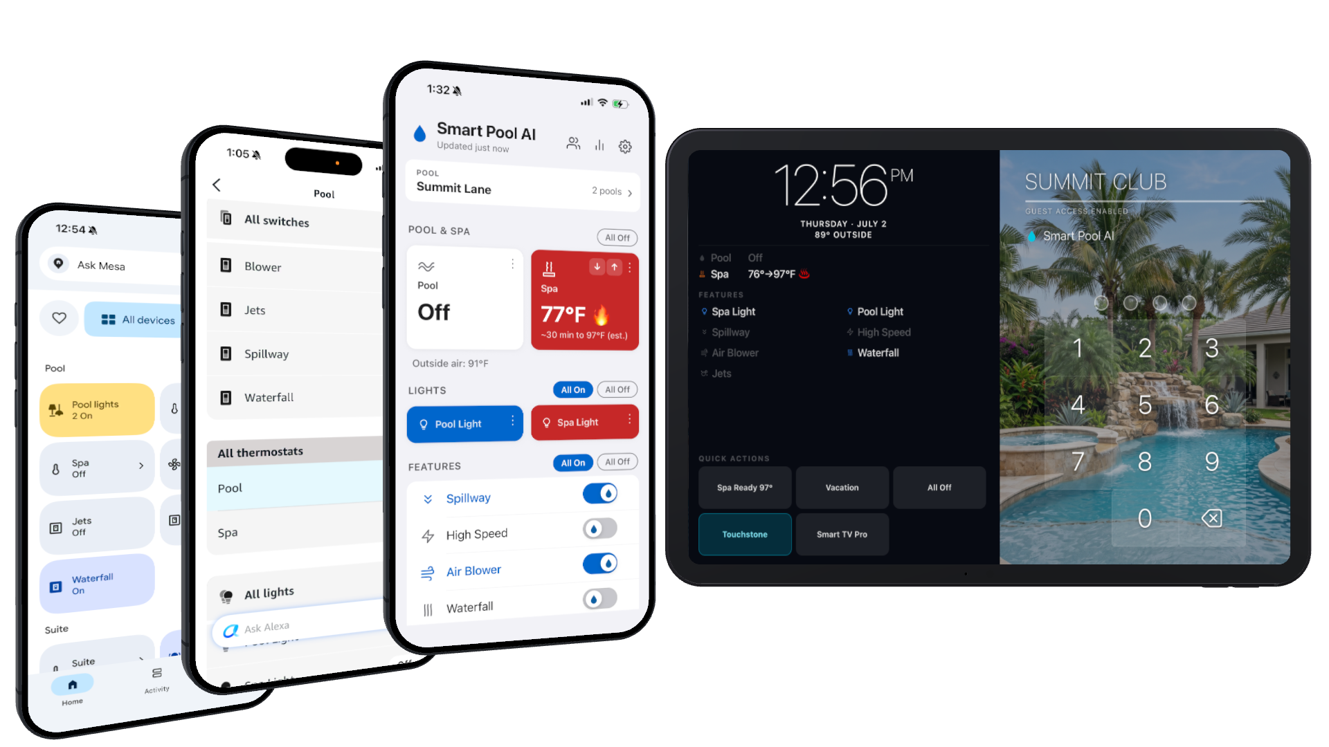 Smart Pool on iPhone, Alexa, Google Home, and the poolside Kiosk